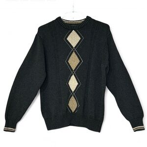 DOCKERS Black and Tan Argyle Crewneck Sweater M Pull-Up Knitwear Exellent Cond.
